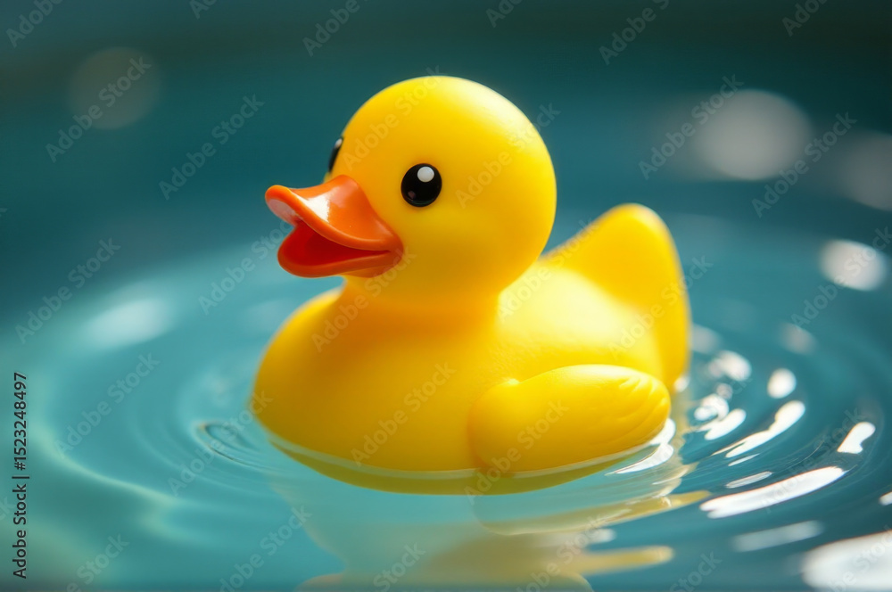 Poster a yellow rubber duck is floating in a pool of water, perfect for adding a touch of whimsy to your im