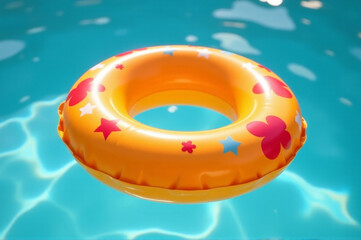 A colorful inflatable ring floats on the surface of a pool, perfect for kids' parties or backyard fun