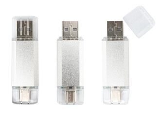 Flash drive isolated on white, collage. Top view