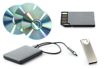 Different modern memory drives isolated on white, collage