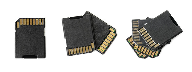 SD memory cards isolated on white, collage. Top view