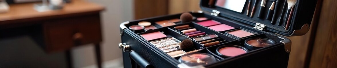 Stylish wheeled makeup case, fully stocked with cosmetics and brushes, ready for travel Perfect for professional makeup artists or beauty enthusiasts on the go , makeup, rolling