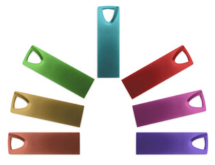 Colorful flash drives isolated on white, collage. Top view