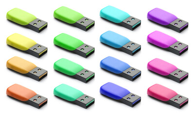 Colorful flash drives isolated on white, collage