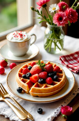A cozy breakfast with Belgian waffles, berries and cocoa