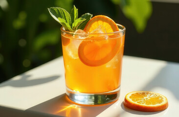 Orange juice with ice stands on table, greenery in the background, hard light, top view