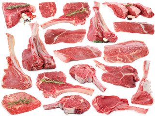 Pieces of raw beef meat and spices isolated on white, collage
