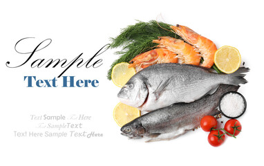 Fresh sea food and products on white background, top view. Design with space for text