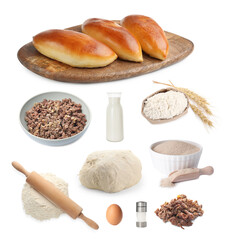 Tasty baked patties and ingredients isolated on white, set