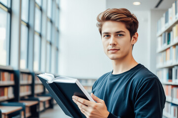 Fototapeta premium Young Man Reading in a Library