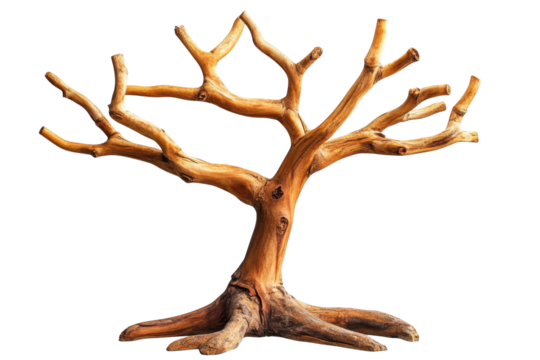 A solitary wooden tree sculpture reaching upwards like hope against a stark black background on transparent background