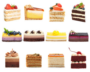 Different tasty cakes isolated on white, set