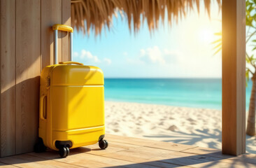 A yellow travel suitcase stands on the terrace of the bungalow, in the background there is a seascape out of focus
