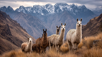Group of llamas gathered in a scenic highland valley, with snow-covered peaks rising in the background under cloudy skies.