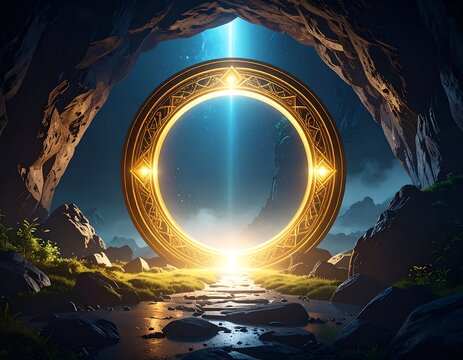 Golden portal in a mystical cave landscape