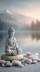 Tranquil buddha on pebbles with serene lake and mountains