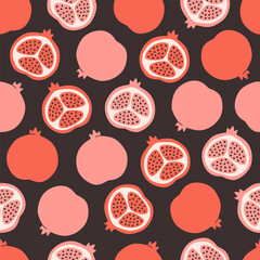 Seamless pattern with cute pomegranate. Design for banner, wallpaper, textile, wrapping paper, background, cards. Vector illustration in flat style
