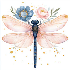 Png dragonfly boho floral watercolor illustration