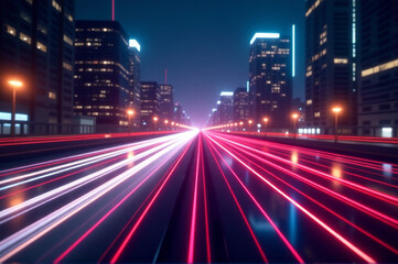 A city street at night with moving cars leaving light trails