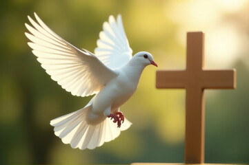 Obraz premium A peaceful scene with a white dove flying next to a wooden cross, often used for symbolic or inspirational purposes