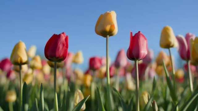 Walking along rows of magnificent tulips in the rays of the evening sun