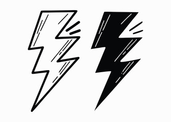 Black and white lightning bolt icons, high contrast vector

