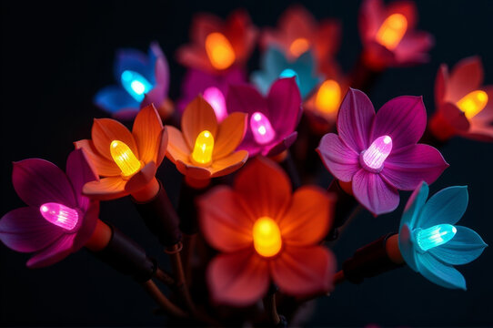 A decorative bouquet with vibrant flowers and glowing LED lights, suitable for party or event decoration