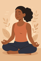 Serene woman in mindful meditation, practicing yoga lotus pose for inner peace, calm, and spiritual bliss. Mental health, wellness, and relaxation concept. Vector illustration, nature.