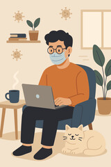 Home office remote work. Man with face mask working on laptop. COVID-19 pandemic freelancer. Cat, coffee, plants. Quarantine, new normal, health safety protection. Serene workspace vector.