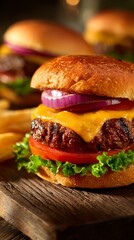 Delicious Cheeseburger With Fresh Vegetables and Golden Fries Served on Wooden Table
