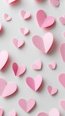 Colorful Paper Hearts Scattered on a Light Grey Background for Decoration.