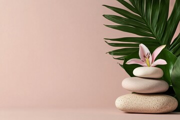 Balanced Stones and a Pink Lily Create a Serene Atmosphere Against a Soft Pink Background.