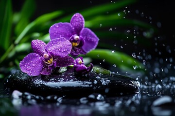 Purple Orchids Bloom on Wet Stones Amidst Gentle Water Droplets in a Serene Environment