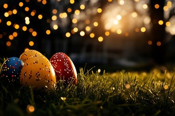 Colorful Easter Eggs on Grass With Glowing Lights at Sunset.