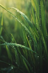 Dewy Grass Blades in a Serene Morning Light Surrounded by Natures Tranquility