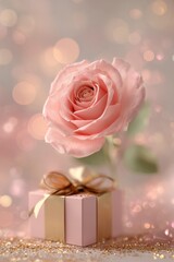 Elegant Pink Rose on a Small Gift Box With a Golden Ribbon Creates a Lovely Atmosphere for Special Occasions