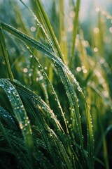 Dewy Grass Blades in a Serene Morning Light Surrounded by Natures Tranquility.