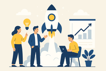 Innovative startup launch concept with rocket taking off, team collaboration, idea lightbulb, and growth chart. Business project development, teamwork, and success strategy vector.