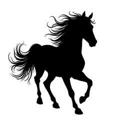 A majestic black horse silhouette gallops powerfully, embodying grace, freedom, and untamed spirit, with flowing mane and tail.