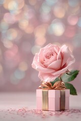 Romantic Pink Rose Rests on a Small Gift Box With Golden Ribbon in a Dreamy Background.