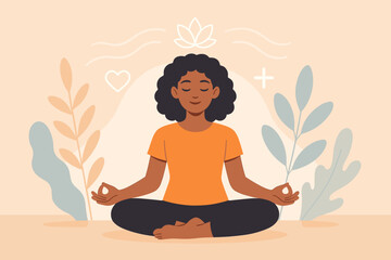 Black woman meditating in lotus position. Mindfulness concept for mental health, peace, and calm. Yoga practice for self-care, wellbeing, and stress relief. Serene spiritual journey illustration.