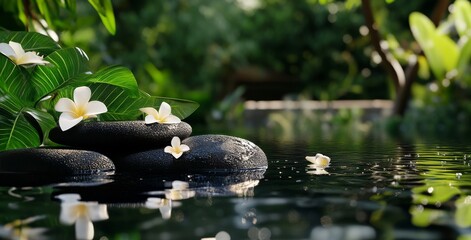 Tranquil Water Garden With Stones and Flowers in a Lush Green Setting