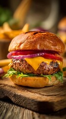 Juicy Cheeseburger With Fresh Toppings Served Alongside Golden French Fries in a Rustic Setting.