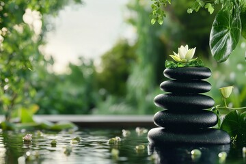 Serenity and Balance in a Tranquil Garden With a Stone Tower and Lotus Flower