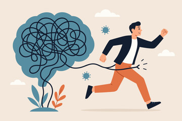 Mental health liberation. Man escapes tangled mind. Overcoming anxiety, stress, depression. Psychology: untangling thoughts for clarity, well-being, resilience. Freedom from mental burden.