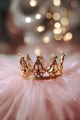 Elegant Golden Crown Resting on Soft Pink Fabric With Sparkling Background Decorations