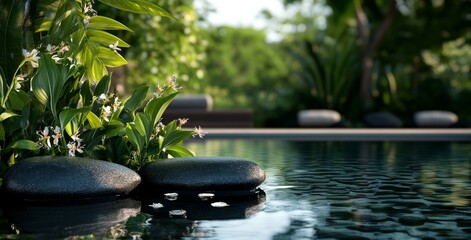 Tranquil Garden With Smooth Stones and Clear Water Reflecting Lush Greenery