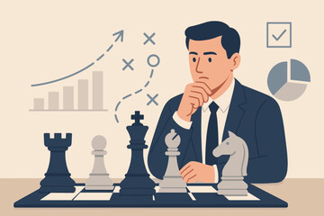 Businessman playing chess, a metaphor for corporate strategy and business tactics. Conceptual illustration of strategic thinking, decision making, planning, leadership, and competition.