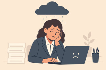 Stressed office worker woman burnout concept. Overworked employee at desk with computer. Mental health pressure, depression, fatigue. Sadness metaphor, rain cloud. Workplace anxiety problem.