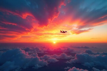 Obraz premium A lone airplane soars through a vibrant sunset sky, embodying the boundless freedom of flight The vastness of the open sky symbolizes limitless possibilities and adventure , serenity, freedom